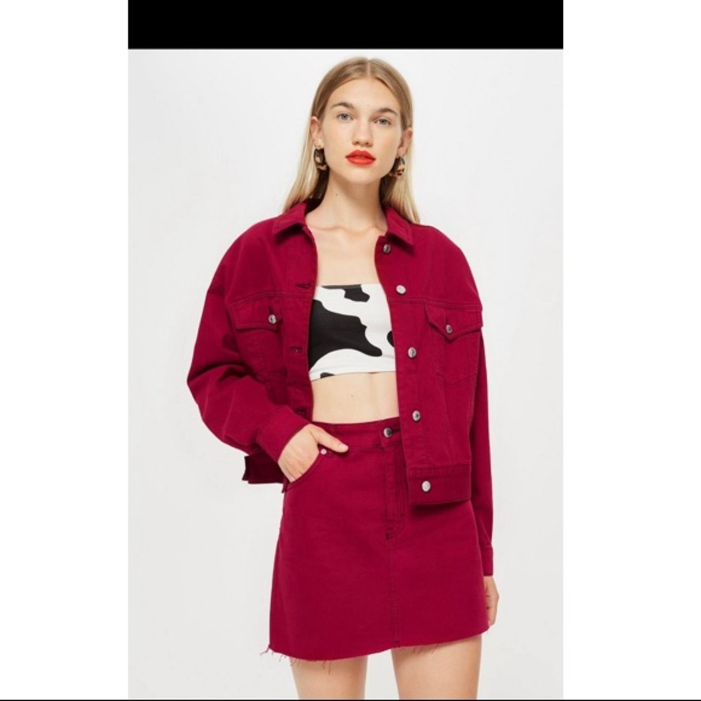 Top shop burgundy denim Moto jacket US4